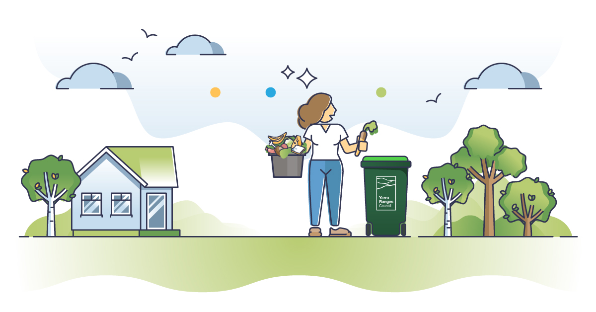 Illustrated image of a women taking her food organics bin out to her green lidded waste bin