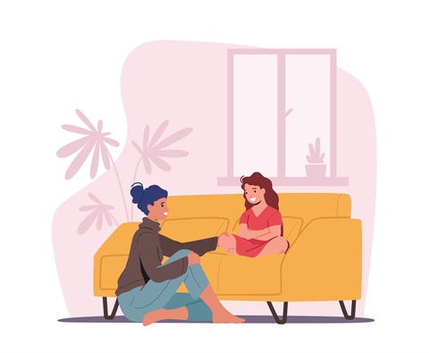 illustration of a women supporting a child that is sitting on a couch