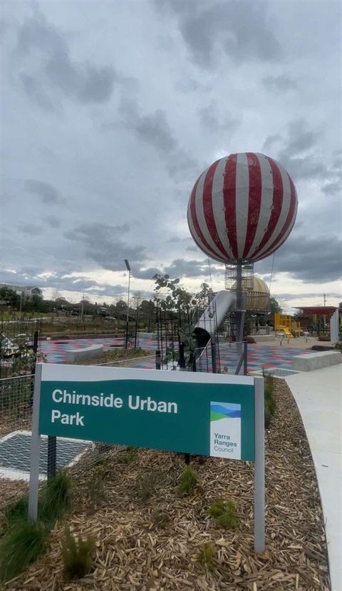 Chirnside Urban Park sign with red and white balloon