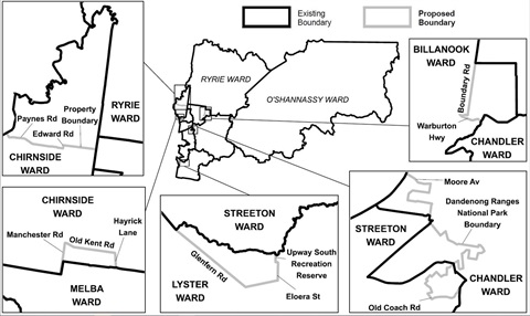 A horizontal map with inserts showing proposed boundary changes for Yarra Ranges Council's Wards. For an accessible version of the map, contact the VEC on 131 832.