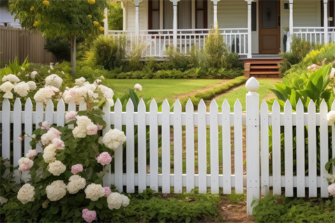 white picket front fence with roses